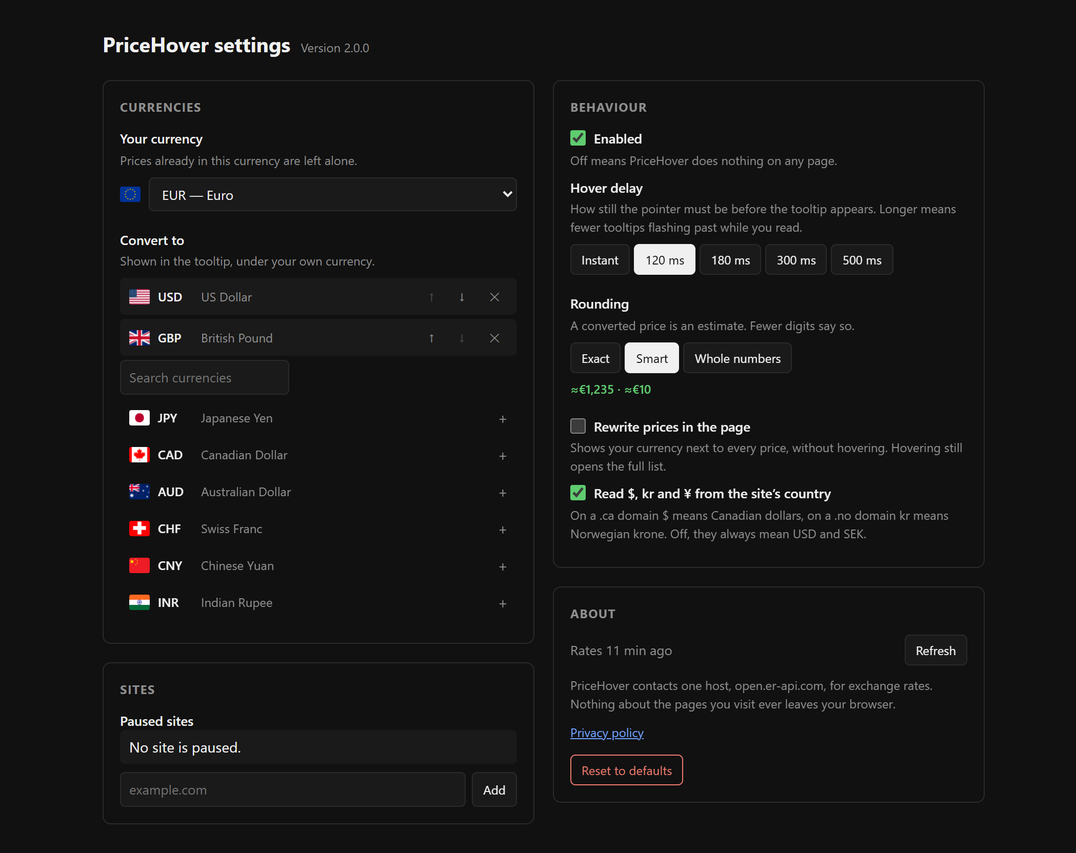 The PriceHover settings page: currencies, behaviour, paused sites, about
